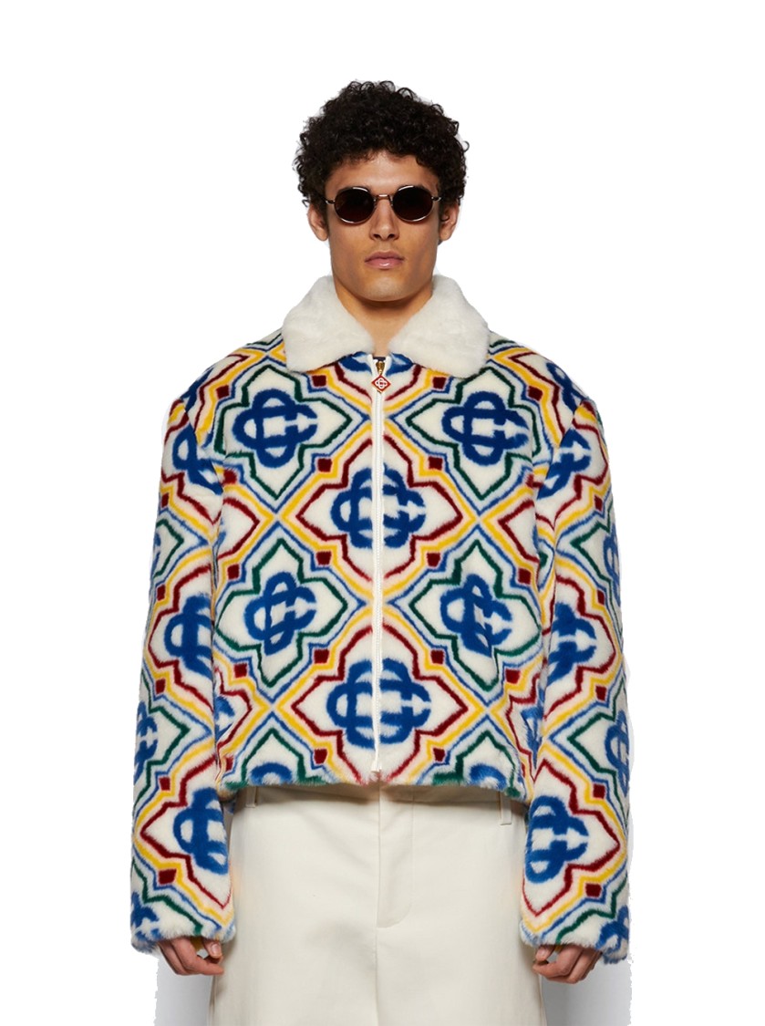 Casablanca Collared Faux Fur Jacket Olympic Diamond Monogram In Multicolor