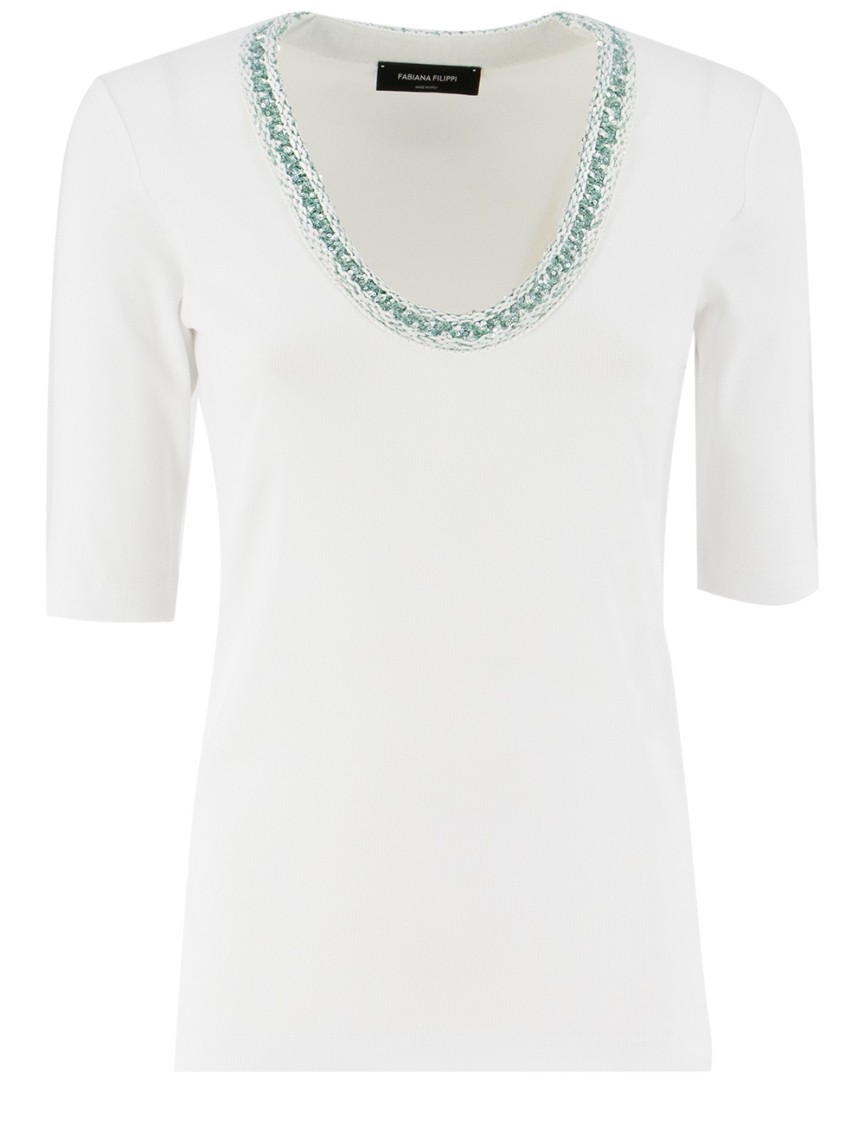 Shop Fabiana Filippi White Cotton T-shirt With Sequined Neckline