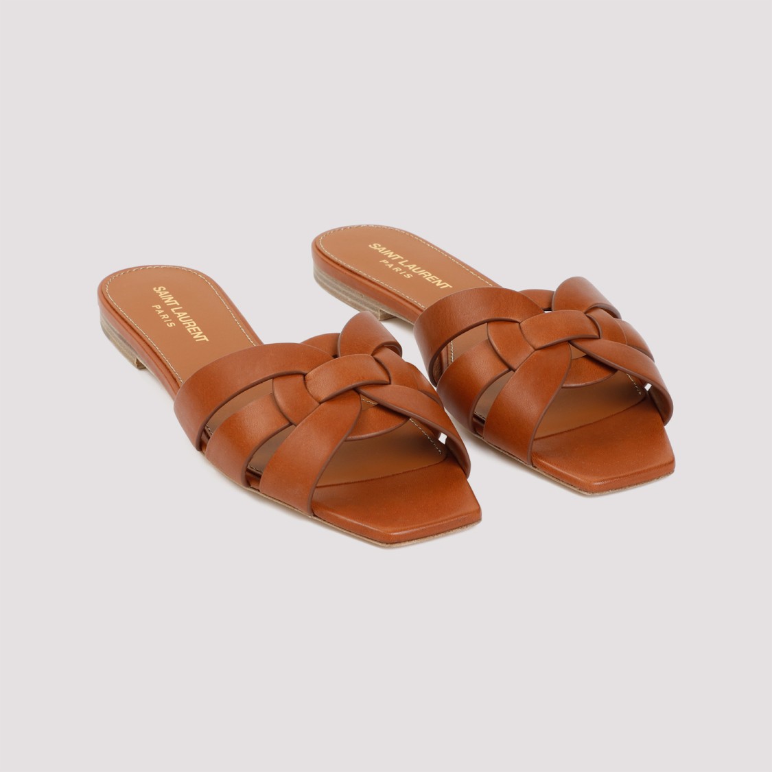Saint Laurent Woven Leather Sandal Slide In Brown