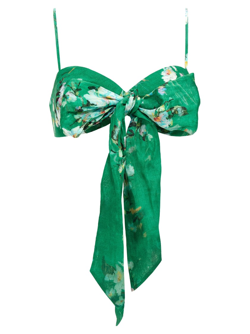Zimmermann Womens Everley Bow Floral-pattern Linen Bralette Green Watercolour Floral In Green