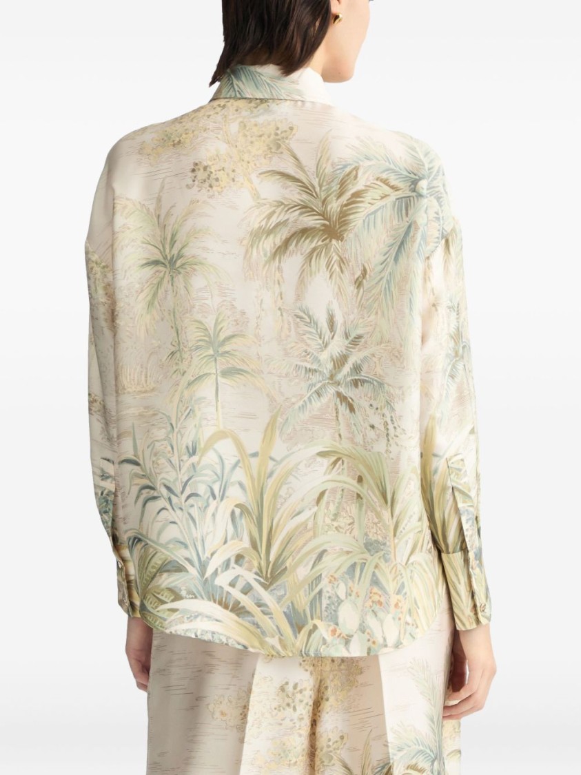 Liu •jo Liu Jo Tropical Print Green Shirt With Classic Collar In Neutrals