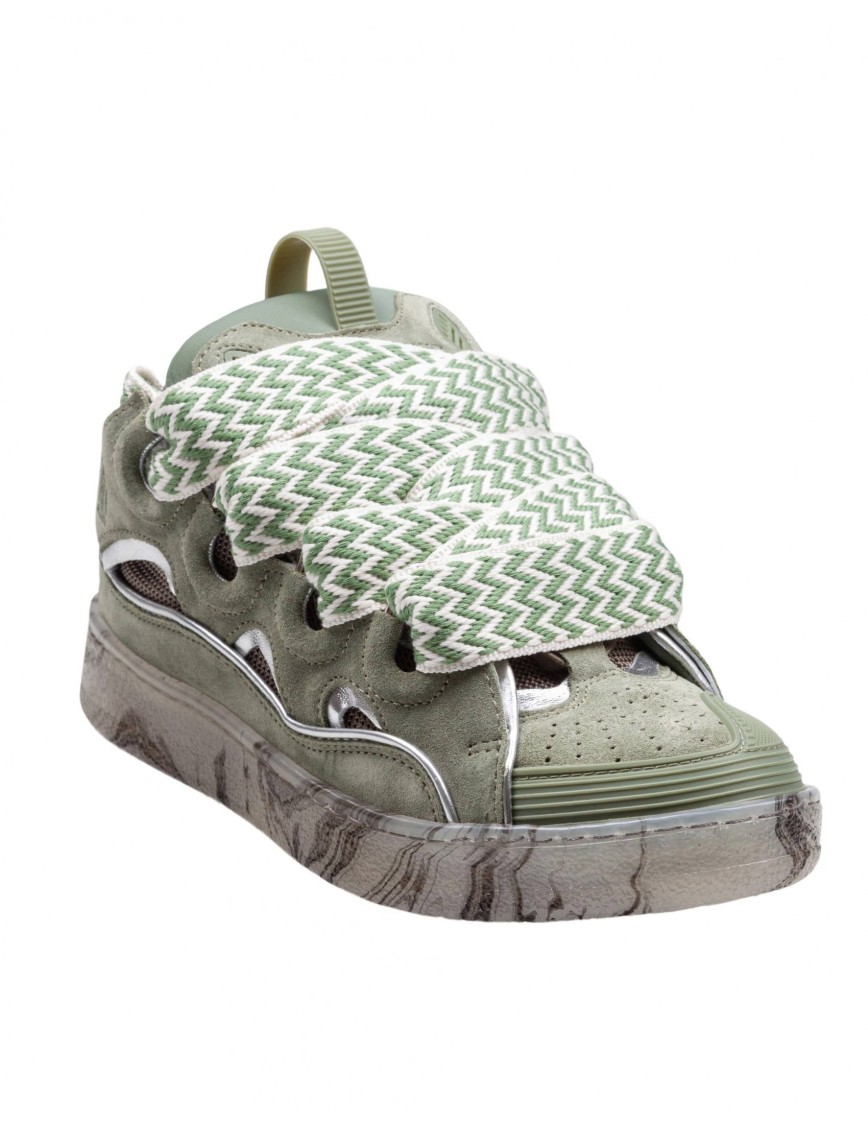 Lanvin Curb Sneakers In Leather And Mesh Colour Green