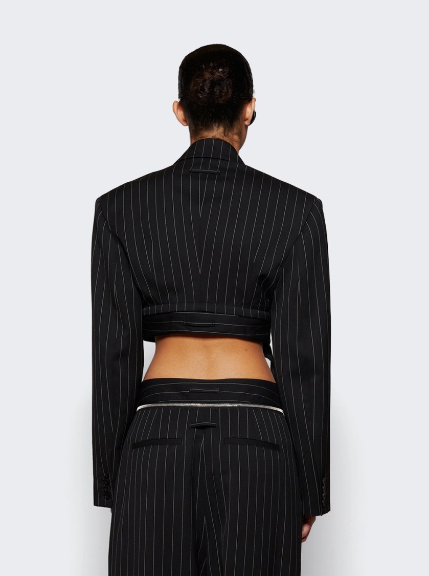 Jean Paul Gaultier Double-breasted Belted Cropped Pinstriped Wool-twill Blazer In Black