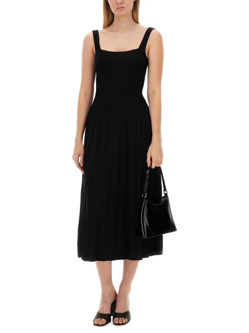 Staud Ellison Pleated Ribbed-knit Midi Dress In Black