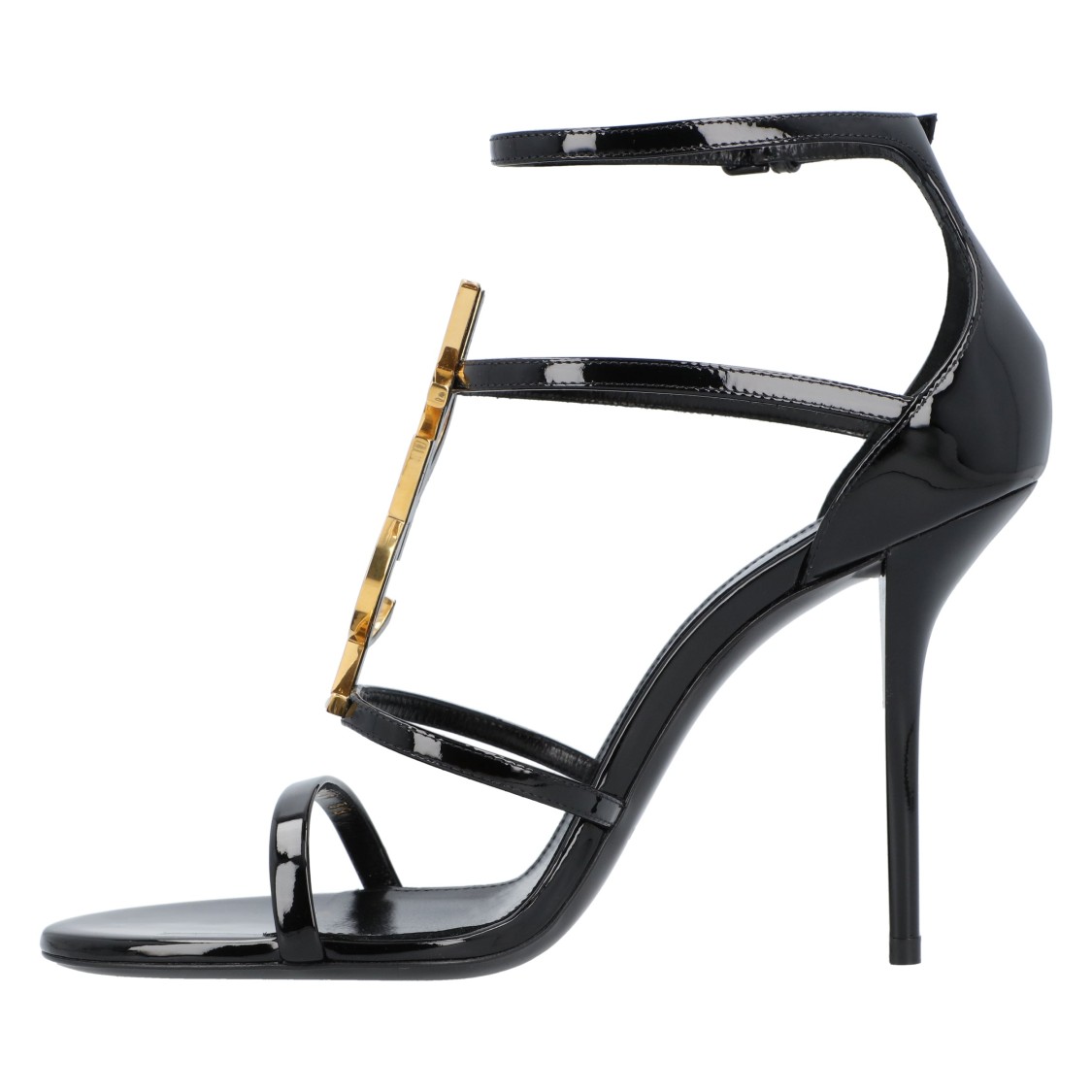 Saint Laurent Cassandra Sandals In Patent Leather With Gold-tone Monogram In Black
