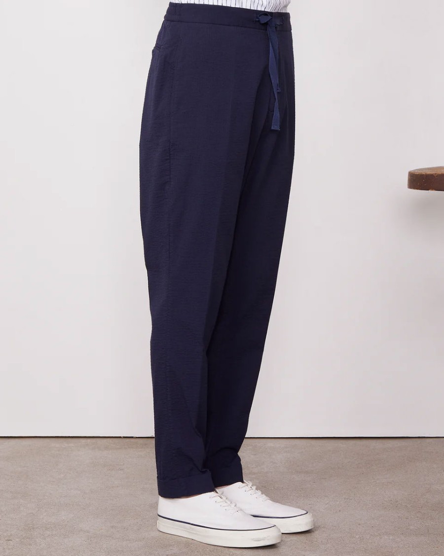 Officine Generale Plain Front Pants With Grosgrain Drawstring In Blue