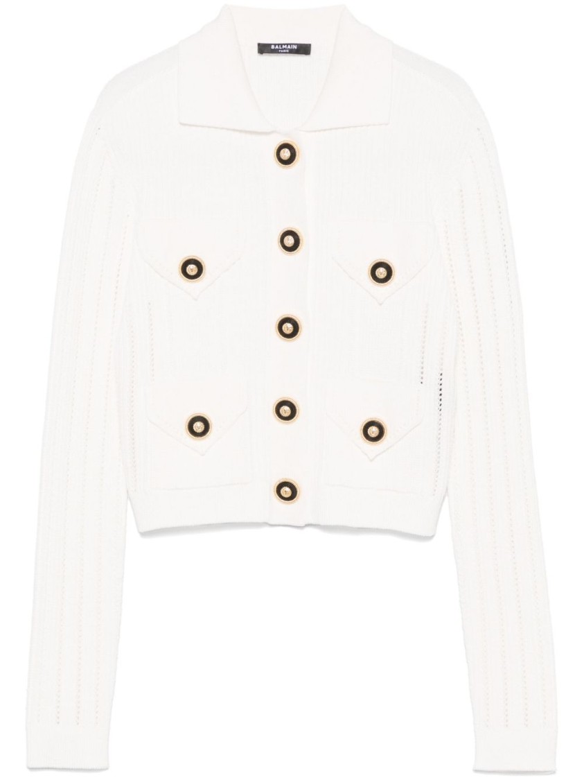 Balmain Perforated Knit Cardigan With Embossed Logo Buttons In White