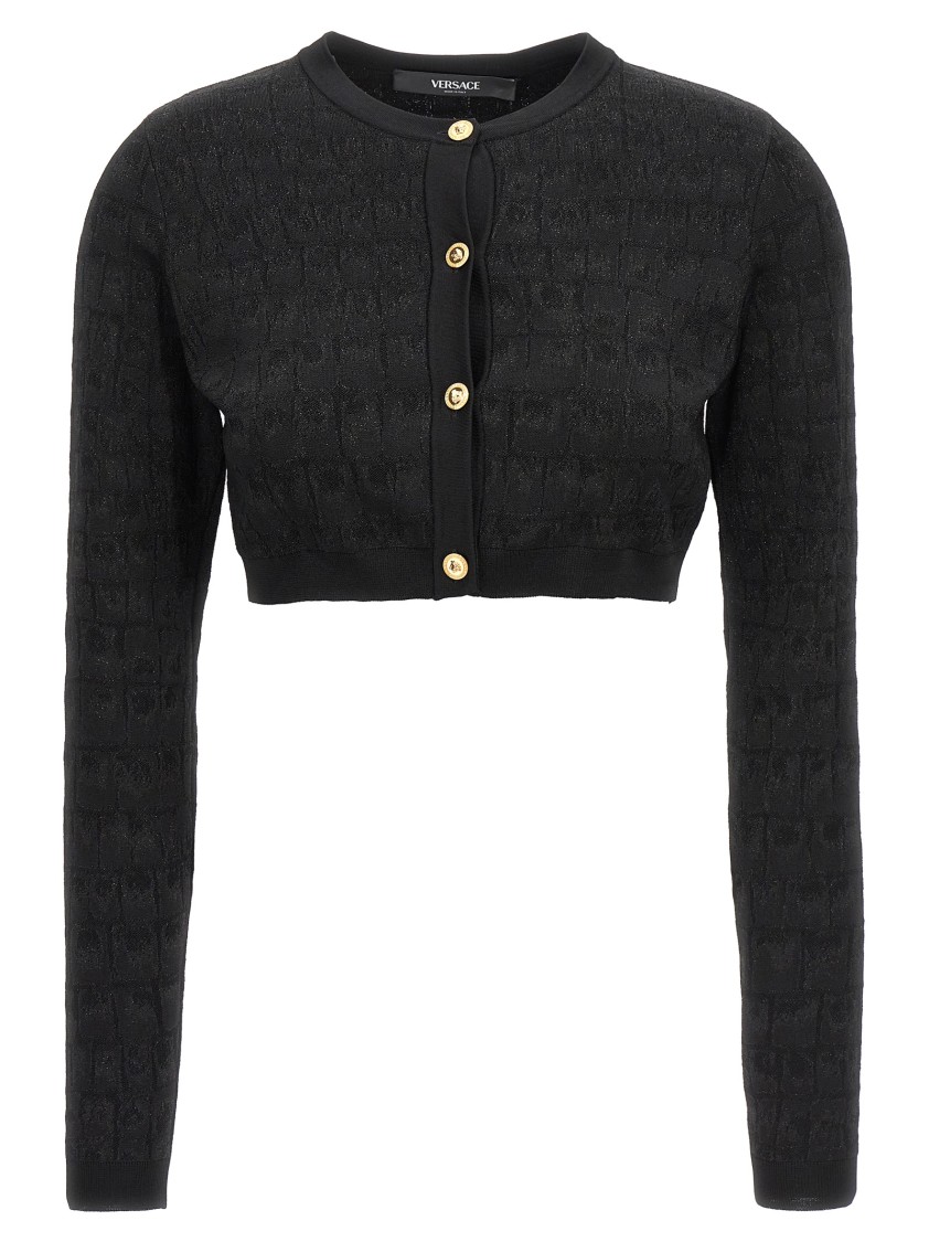 Versace Crocodile Jacquard Knit Cardigan With Gold Buttons In Black