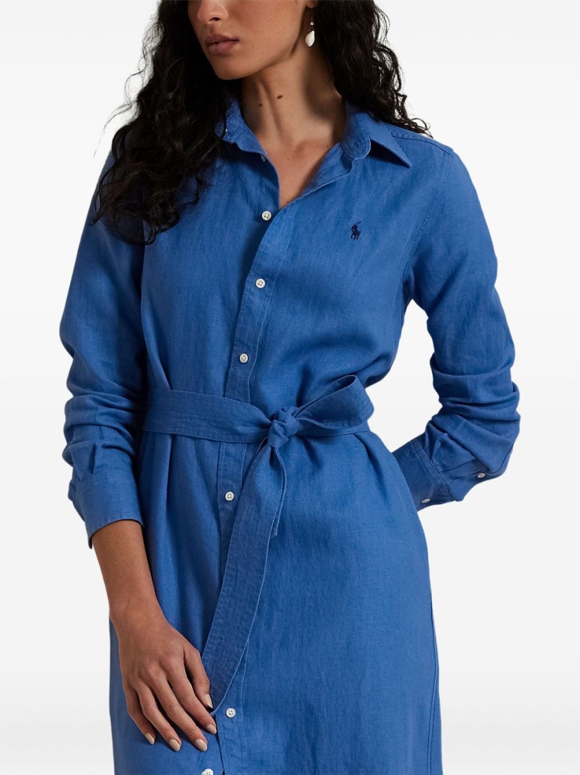 Polo Ralph Lauren Button-down Linen Dress With Self-tie Waist And Classic Collar In Blue