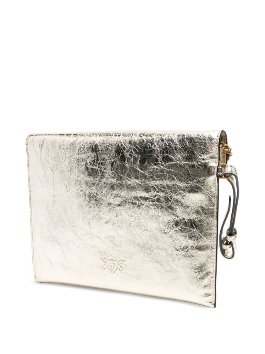 Pinko Gold-tone Metallic Leather Flap Wallet With Chain Strap In Neutral