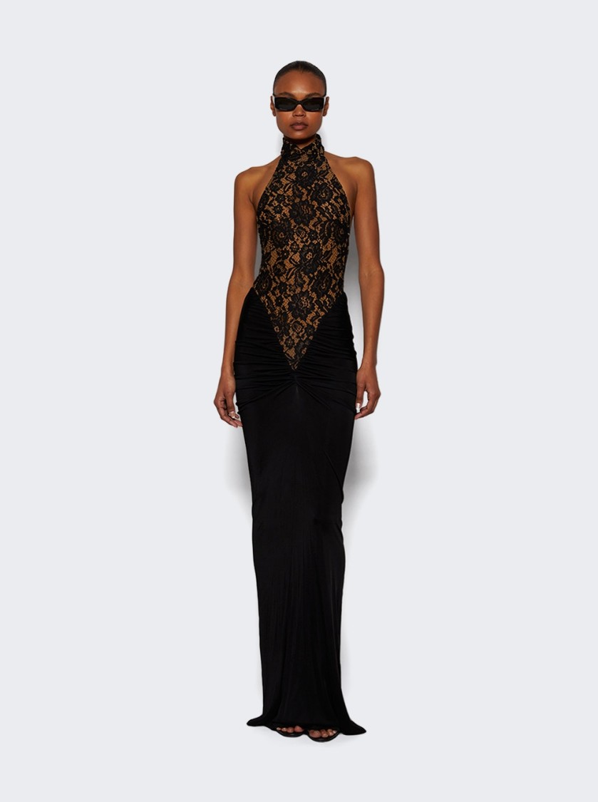 The New Arrivals By Ilkyaz Ozel Cass Lace Halterneck Gown Derriere Noir In Black