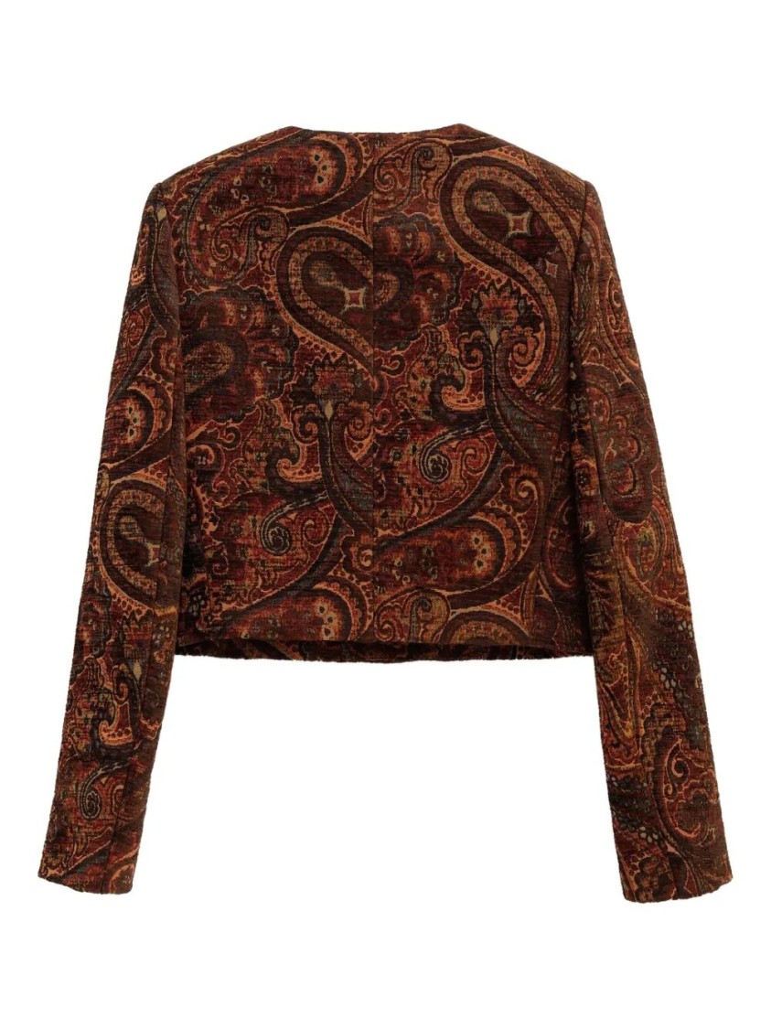 Chloé Multicolor Cropped Jacket With Round Neck And All-over Motif In Cotton Blend Woman In Brown