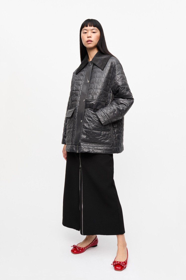 Ganni Shiny Black Quilted Midi Jacket With Pointed Collar