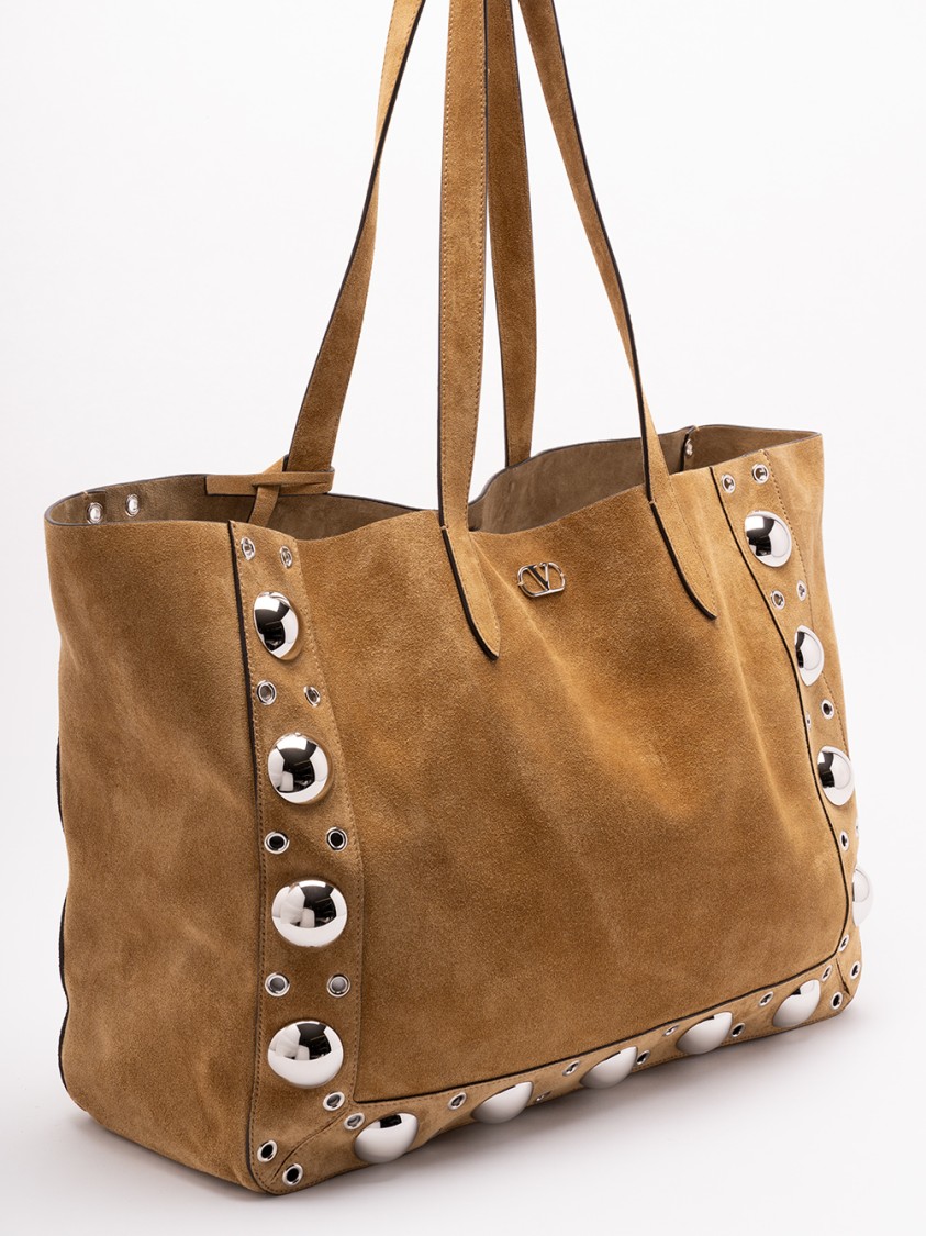 Valentino Garavani `nellcote` Multi Studs Logo Large Leather Tote In Brown