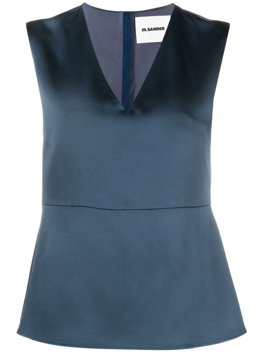 Jil Sander Smooth Blue Fabric Fitted Deep V-neck Tank Top In Blue