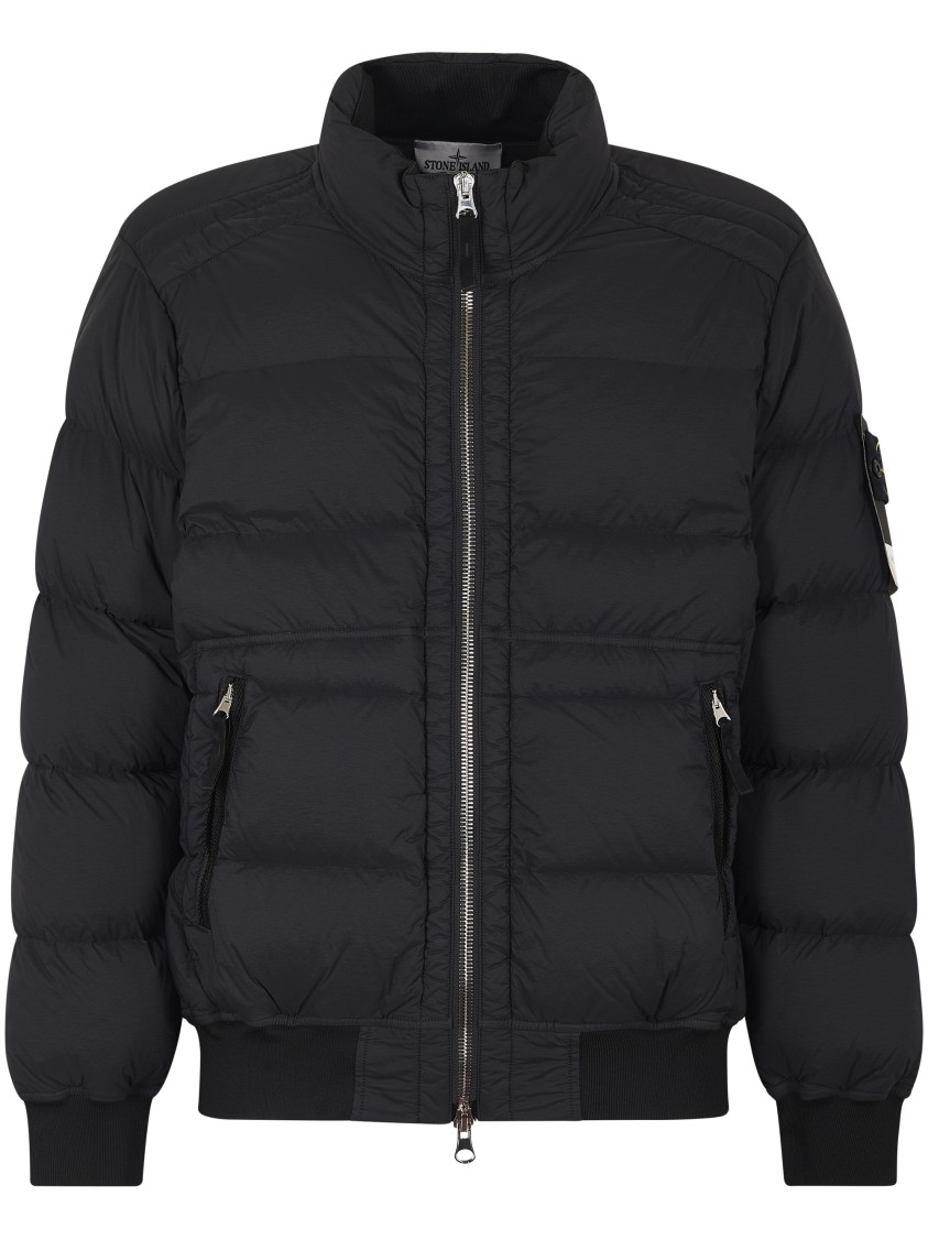Stone Island Puffy Jacket With High Collar And Ribbed Detailing In Black