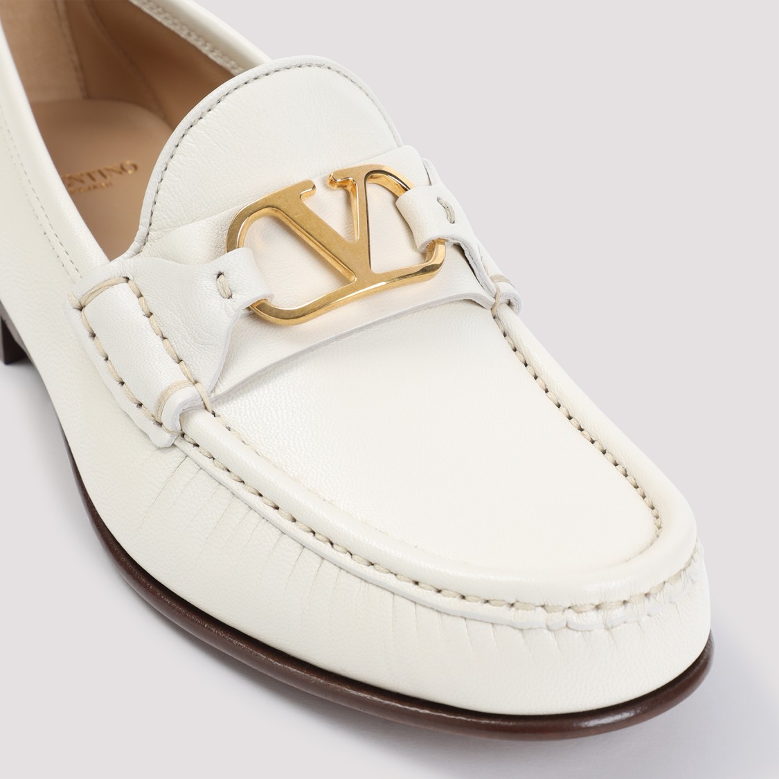 Valentino Ivory Leather Loafer With Golden Metal V Logo In White