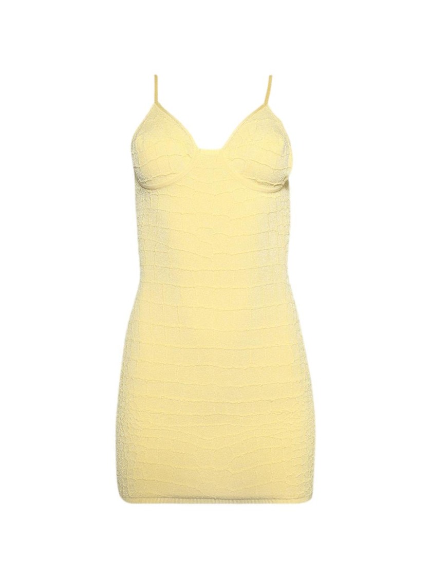 Jacquemus Crocodile Embossed Fitted Mini Dress In Yellow