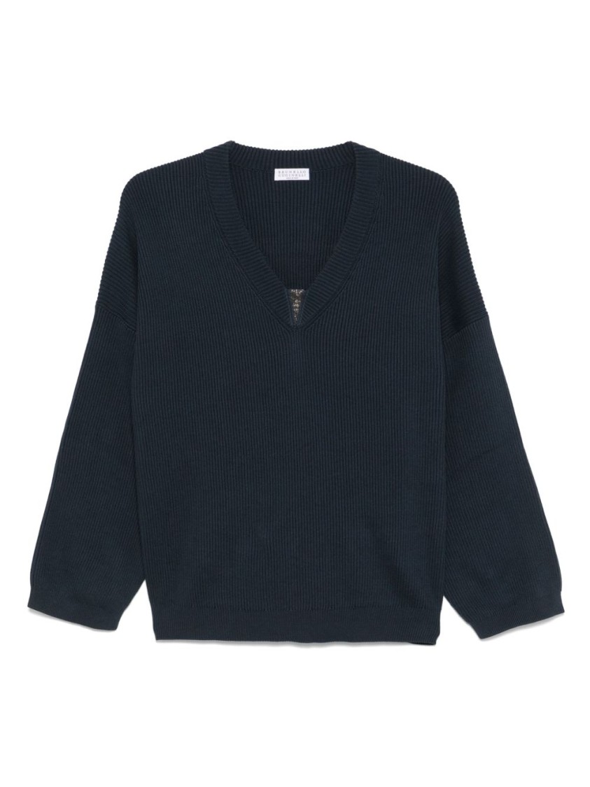 Brunello Cucinelli Ribbed V-neck Sweater With Jewel Embellishments In Black