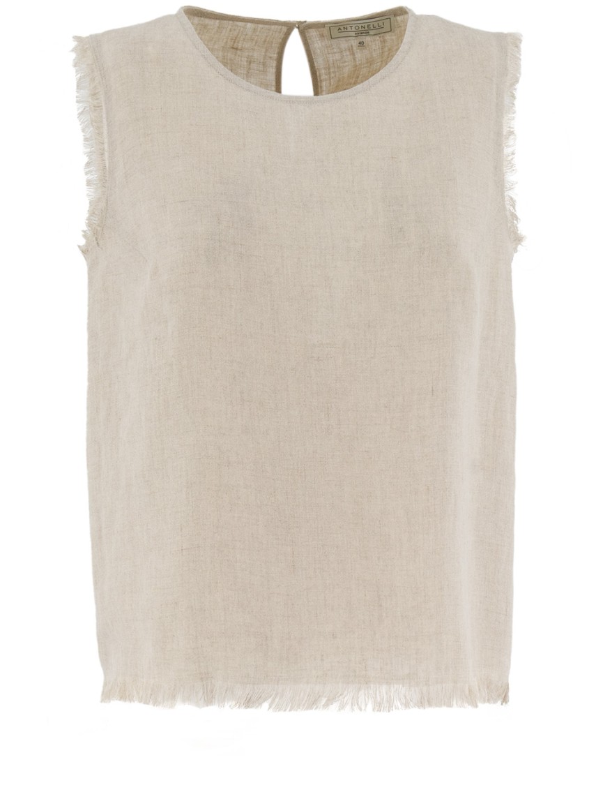 ANTONELLI ANTONELLI FRINGED LINEN TOP WITH BUTTON BACK CLOSURE
