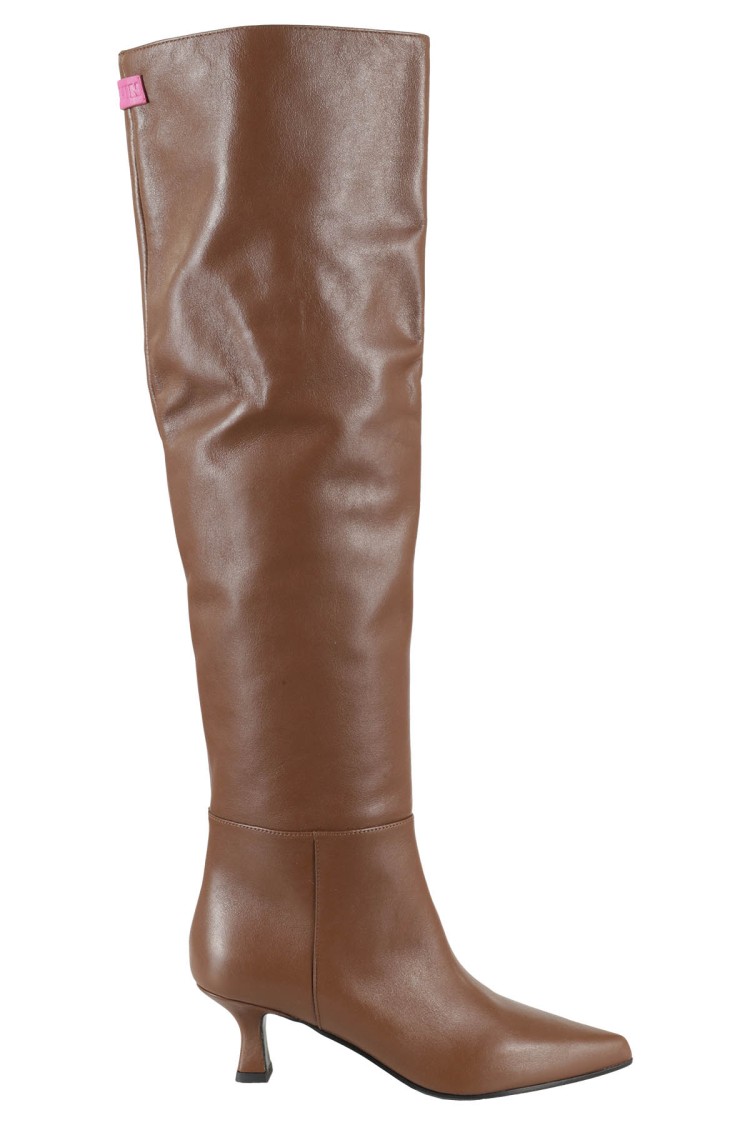 3juin Knee-length Brown Leather Boots With Pointed Toe In Brown