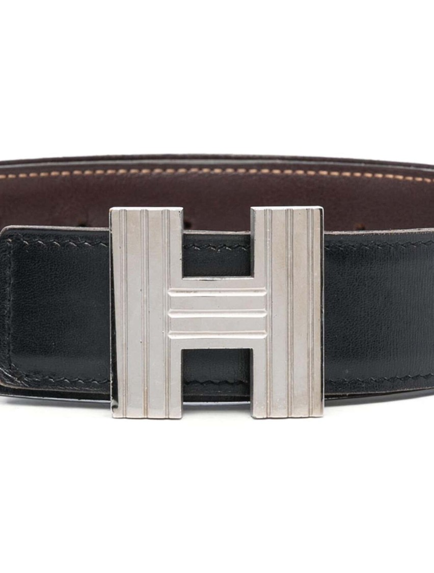 Pre-owned Hermes Hermès Reversible Leather Constance H Belt In Black