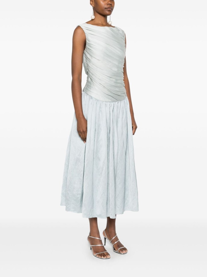 Abadia Ora Pleated Gathered Chiffon And Dupioni Midi Dress In Neutral