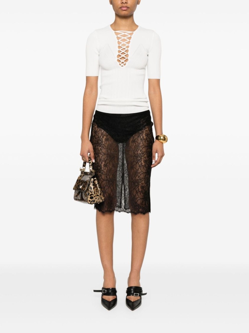 Shop Elisabetta Franchi Ivory Lace-up V-neck Top With Ribbed Texture
