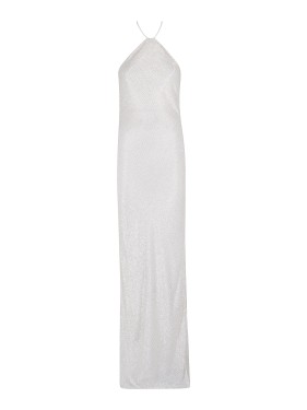 Amen Rhinestone-Trim Satin Dress Maxi in Grey | THE LIST