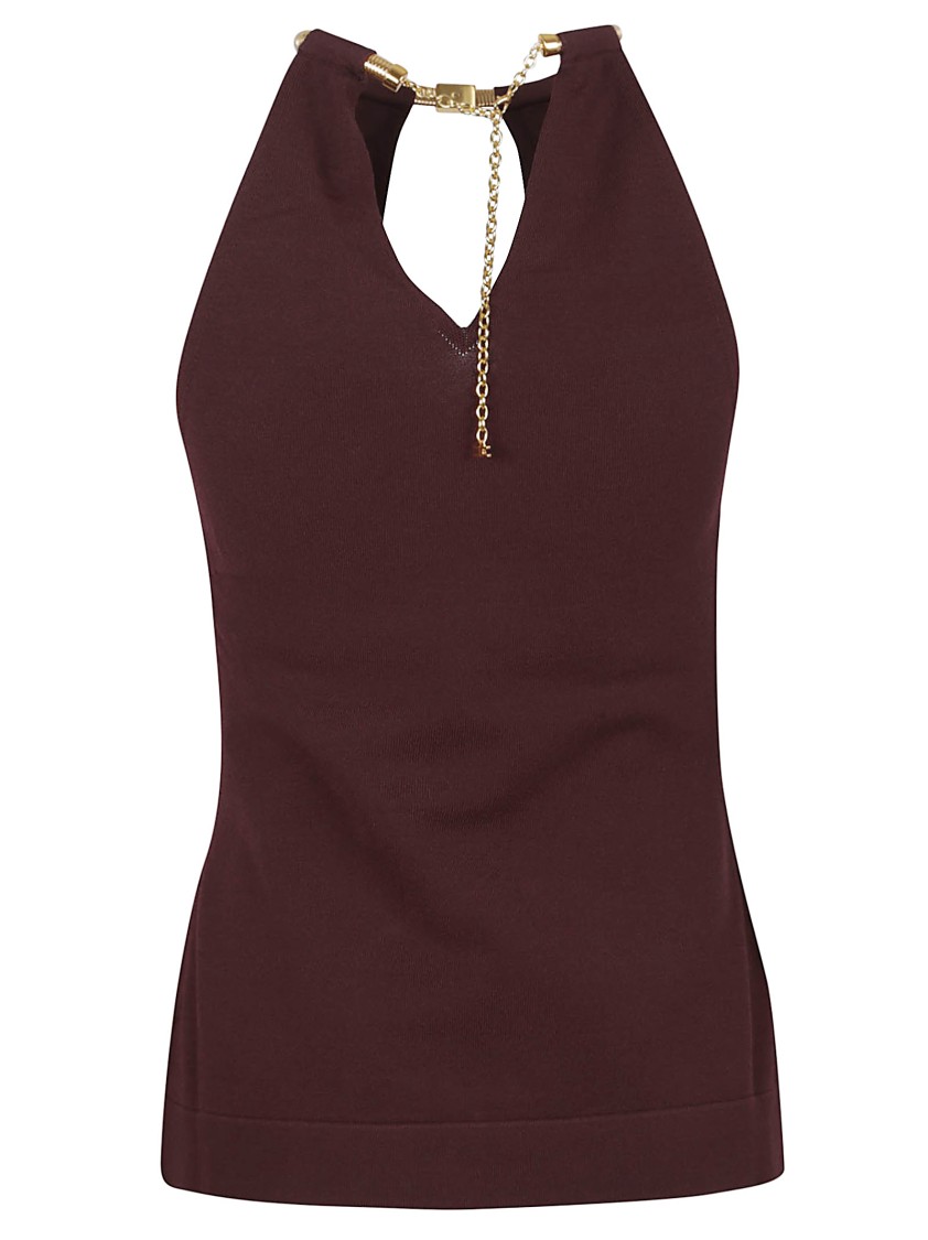Elisabetta Franchi Fitted Knit Top With Deep Halterneck And Removable Snakeskin Necklace In Brown