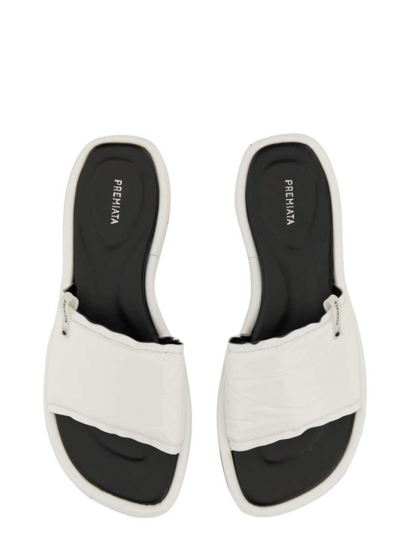Premiata Sleek White Slide Sandal With Lamb Leather Upper In White