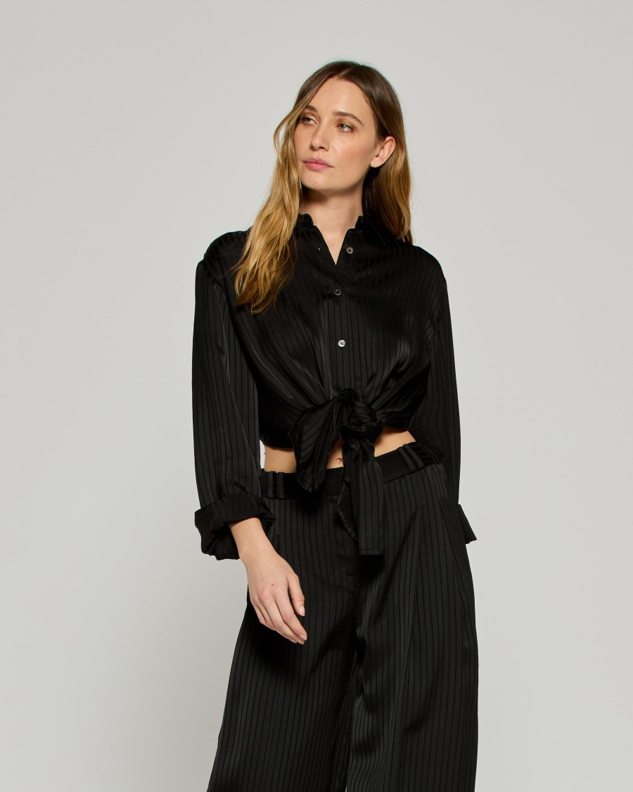 Serena Bute Wool Pinstripe Boyfriend Shirt - Black/pink In Black