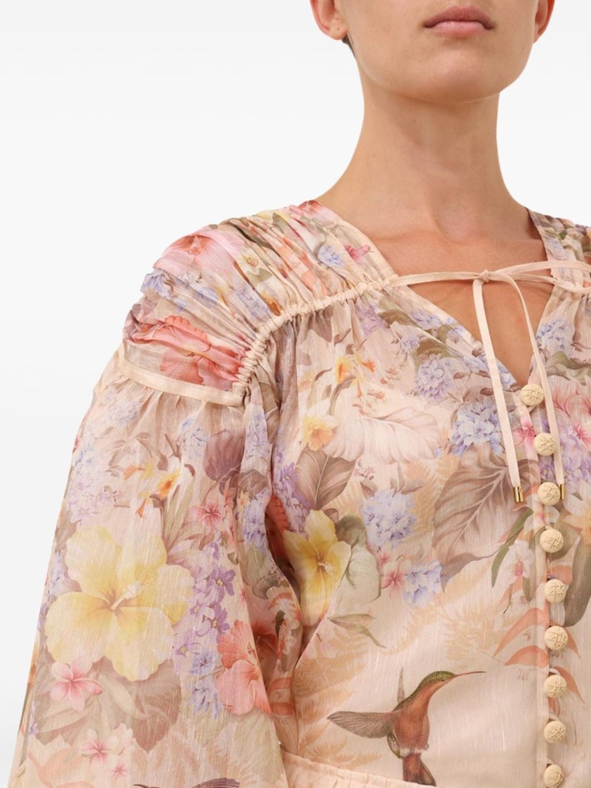 Shop Zimmermann Beige Linen And Silk Blend Floral Blouse