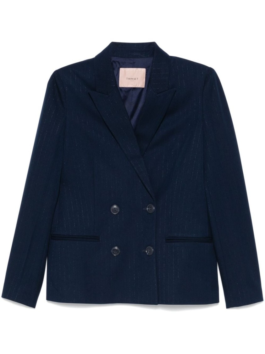 Shop Twinset Twin-set Double-breasted Tailored Jacket With Pinstripe Detail And Silhouette In Blue
