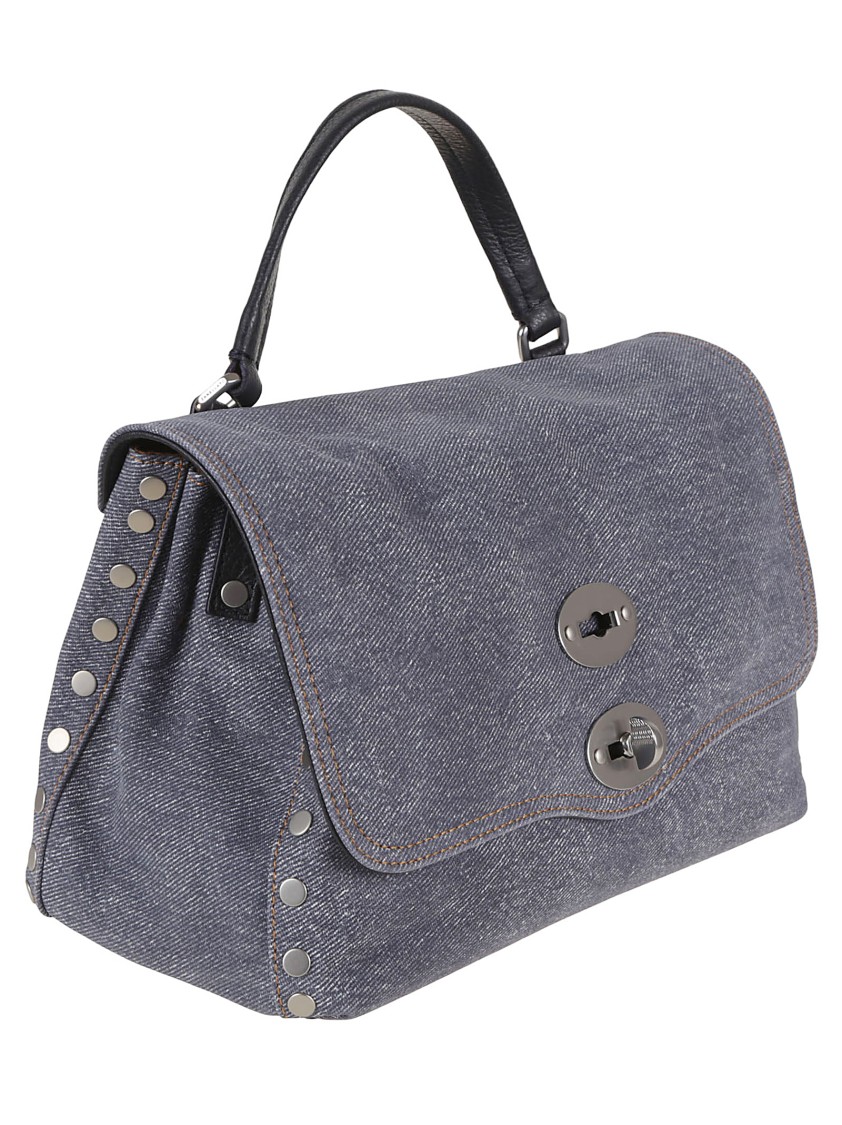 Zanellato Flap Bag With Textured Denim And Leather Accents In Blue