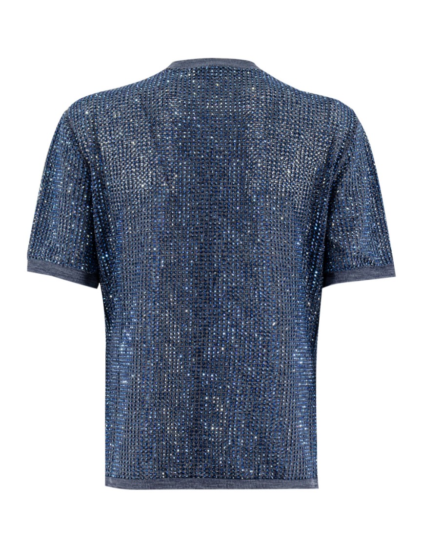 Shop Ermanno Scervino Dark Denim Melange T-shirt With Crystal Appliques