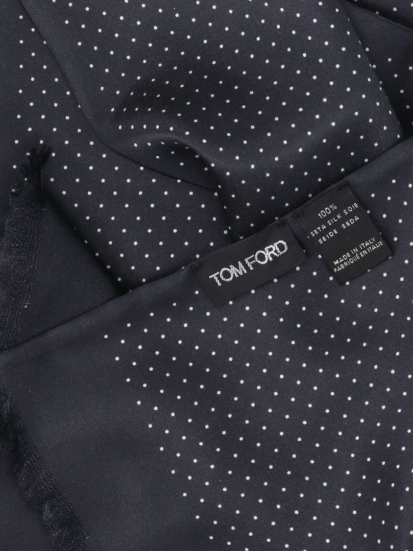 Tom Ford Fringed Black Scarf With Subtle Polka Dot Pattern In Blue