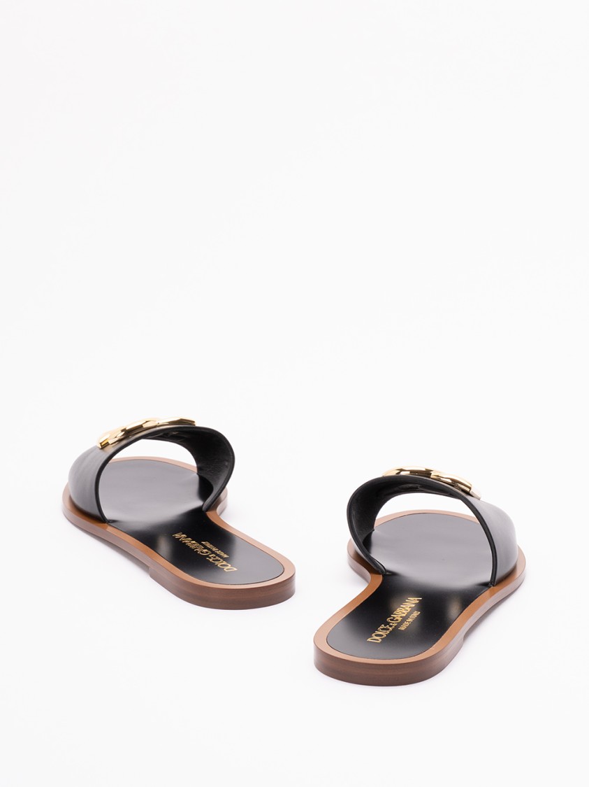 Dolce & Gabbana Flat Leather Slide Sandals With Front Embellishment In Black