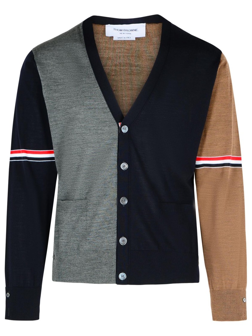 Thom Browne Navy/grey/brown Wool Cardigan In Black