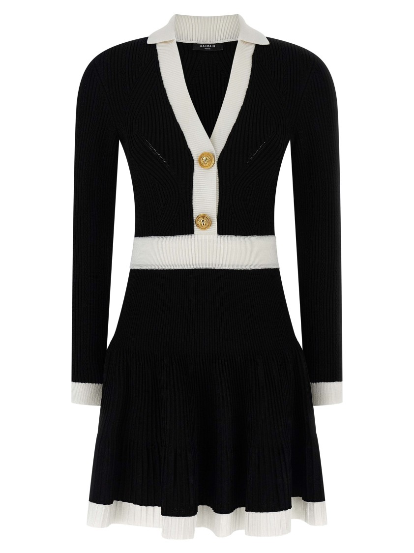Balmain Long Sleeves V-neck Flare Knit Dress In Black