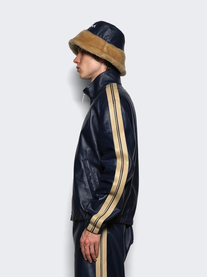 Shop Marni Leather Bomber Jacket Navy In Blue
