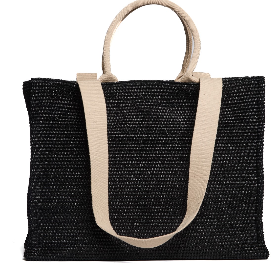 Marni Natural Raffia Effect Fabric Large Tote Bag In Black