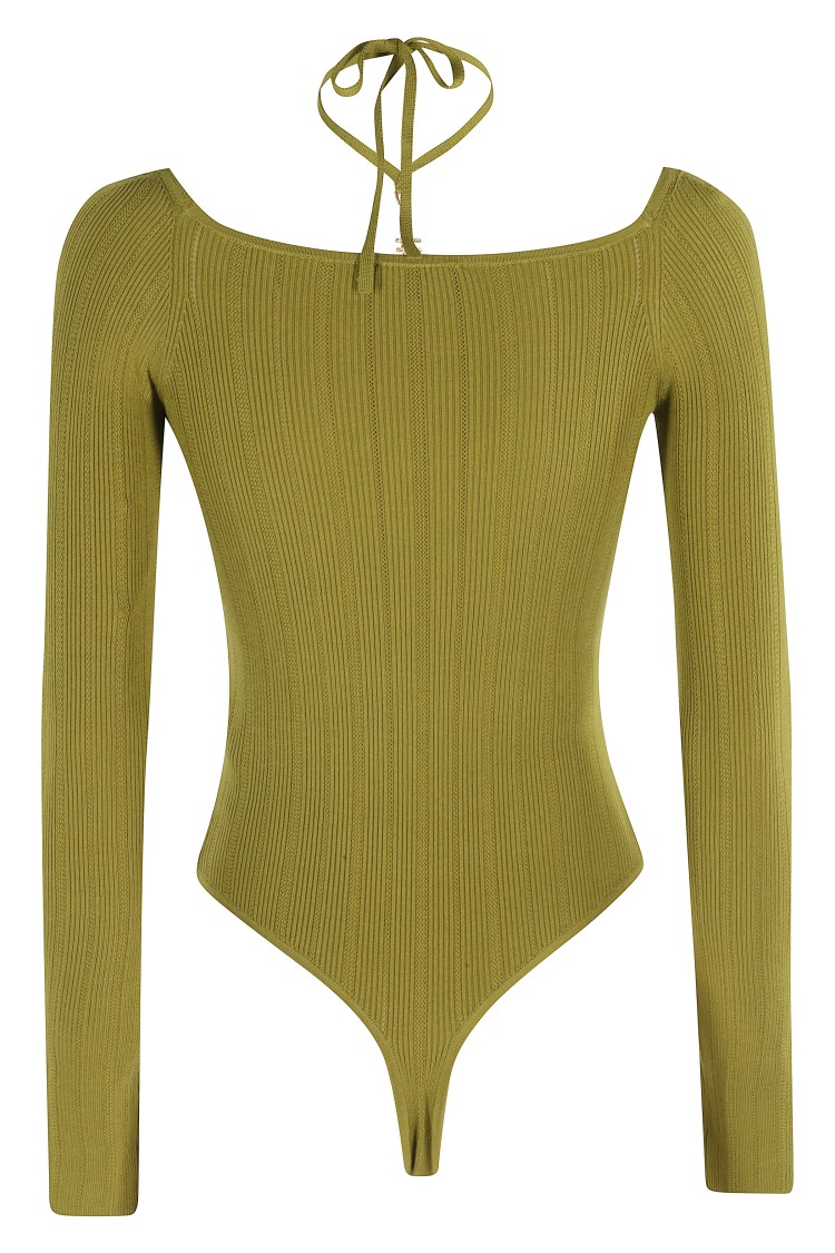 Elisabetta Franchi Bodysuit In Ribbed Knit Fabric With Openwork Details In Green