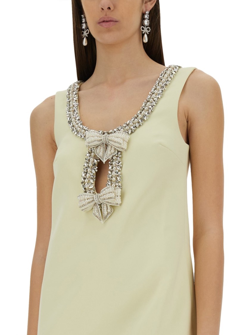 Self-portrait Yellow Crewneck Mini Dress With Jewel Embellishment On The Collar And Bow Detail On The Front In Tec In Nude