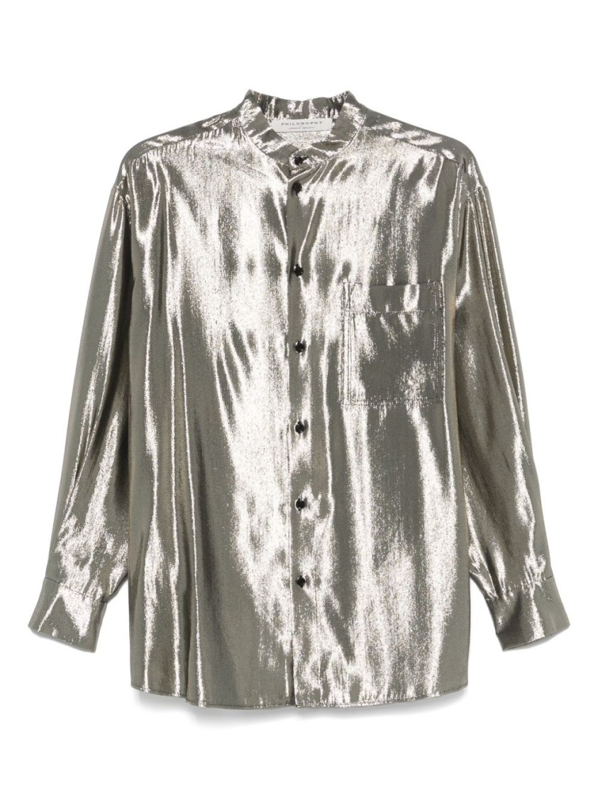 Shop Philosophy Di Lorenzo Serafini Silk-blend Green Shirt With Stand Collar