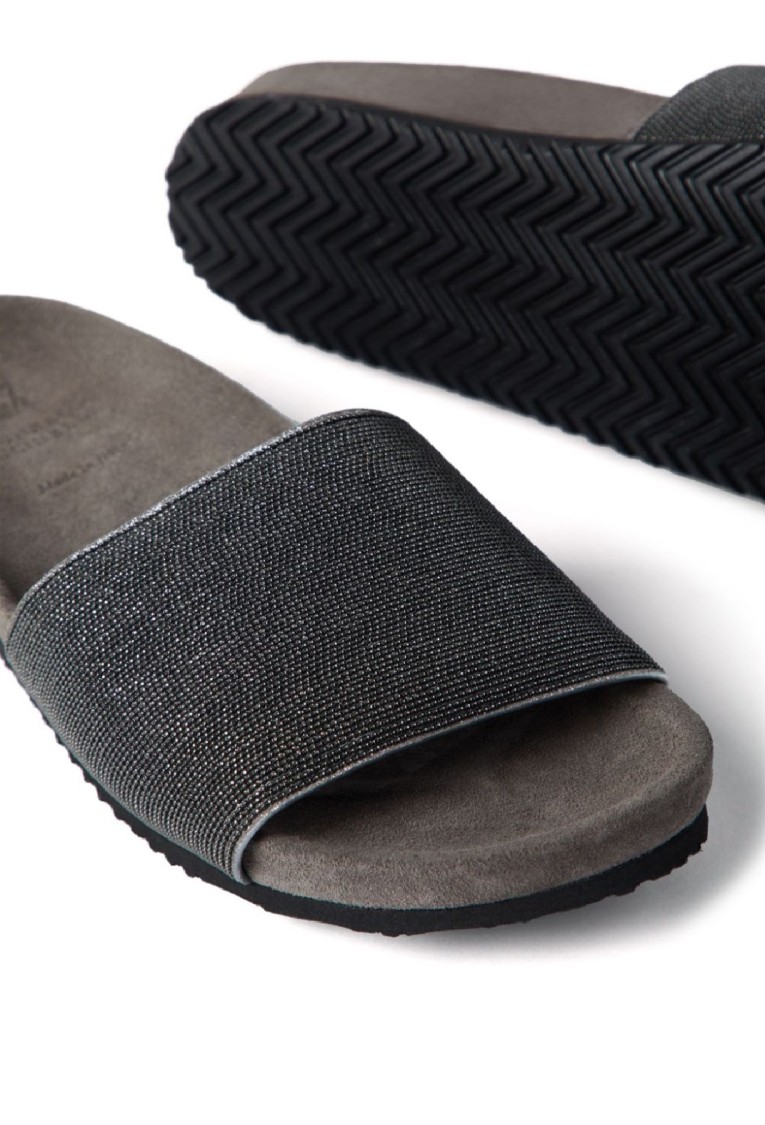 Brunello Cucinelli Textured Strap Slip-on Sandals With Cushioned Footbed In Black