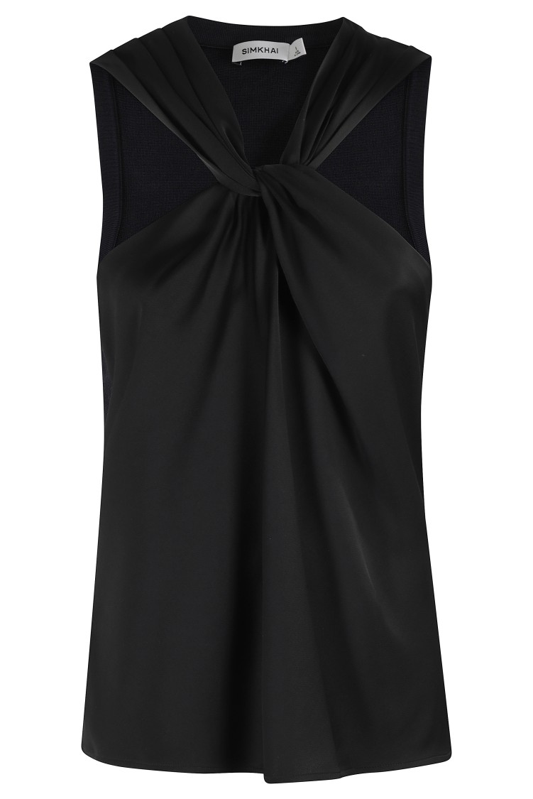 Simkhai Crossover Neckline Satin-finish Top With Textured Knit Back In Black