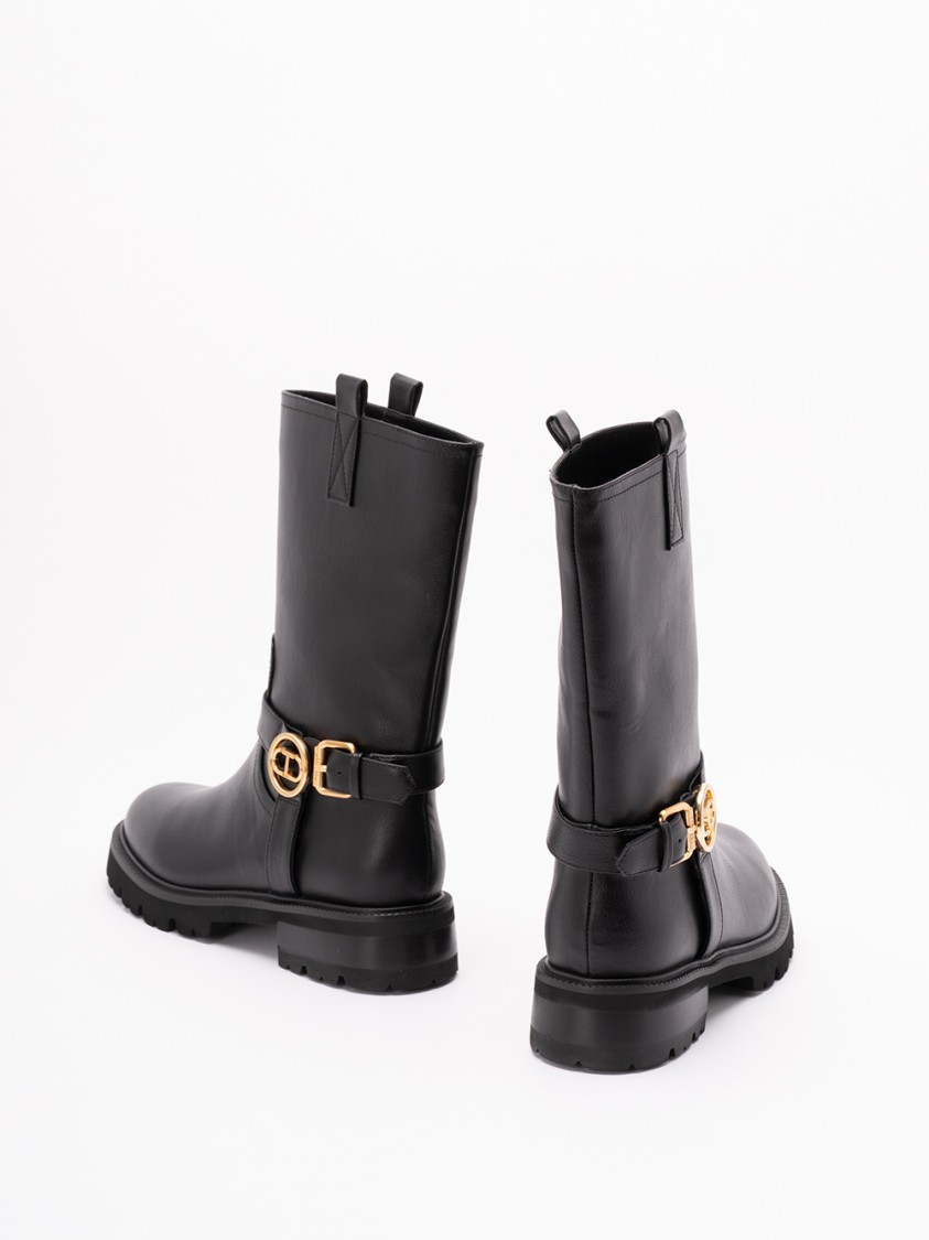 Twinset Twin-set Mid-calf Black Leather Boots With Buckle Fastening In Multi