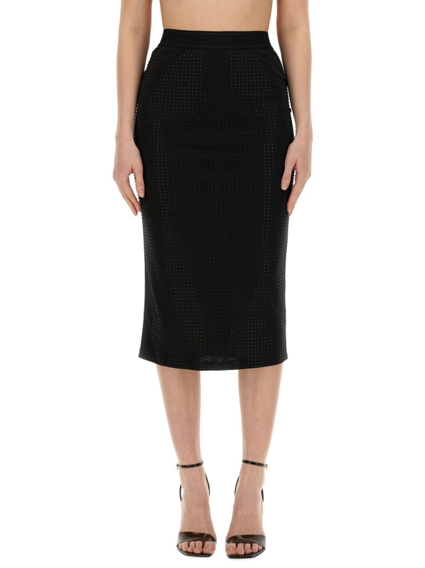 Versace Jeans Couture Black Midi Skirt With Logo Waistband In Black