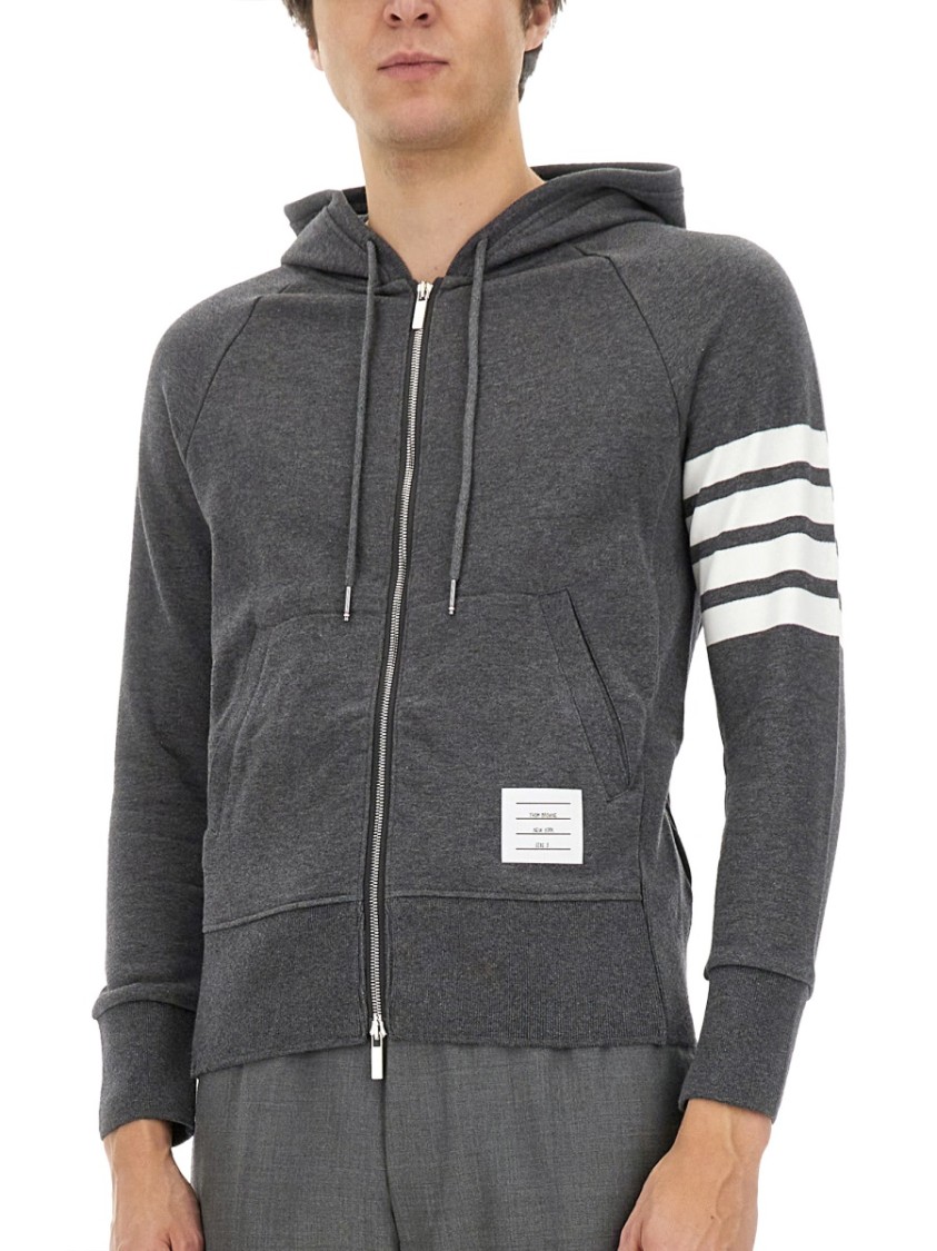 Shop Thom Browne Zip-up Hoodie With Striped Detail In Grey